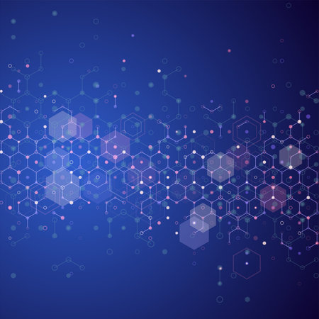 Vector modern absrtact geometric pattern hexagon. Blue lines and dots abstract geometric background