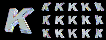 Glass letter K on a black background. 3D render.
