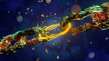 Blockchain digital chain, beautiful abstract copper coil wiring . 3d rendering.