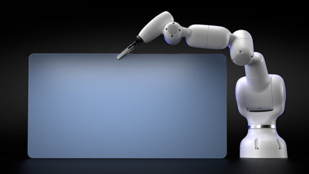 Robotics arm holding blank blue boards on grey background.の写真素材