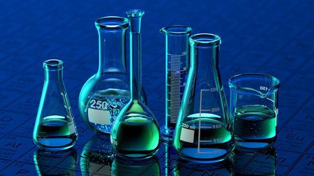 Glass chemistry lab equipment on blue background. Chemistry Lab concept. 3dの写真素材