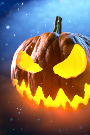 Scary Halloween Pumpkin looking through the smoke.の写真素材