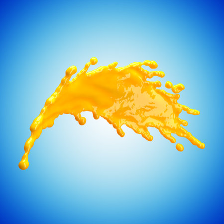 orange juice splash isolated on blue backgroundの写真素材
