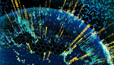 Blue vivid image of Globe Hologram Blue Background