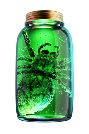 Closeup spider in jar with green liquid.の写真素材