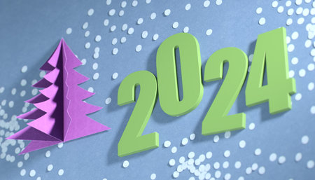 Figures 2024 and Christmas tree on blue background