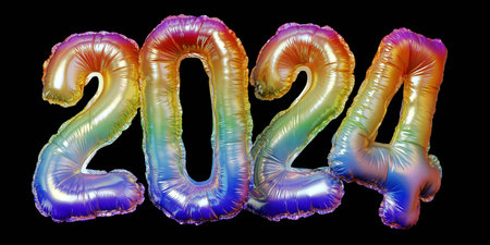 Gold foil numbers 2024 concept new year with balloons on black background
