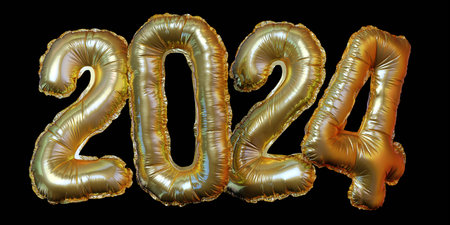 Gold foil numbers 2024 concept new year with balloons on black backgroundの写真素材