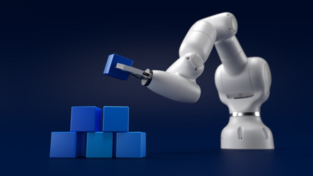 Robotics arm stacking blank blue cubic blocks on grey background. Industrial technology and artificial intelligence concept. 3D illustration rendering - stock photoの写真素材
