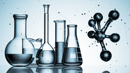 Glass chemistry lab equipment on blue background. Chemistry Lab concept. 3d renderingの写真素材