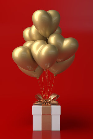 Bunch of heart shaped foil balloons and gift on pink background.の写真素材