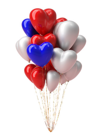 Bunch of heart shaped foil balloons on white background.の写真素材