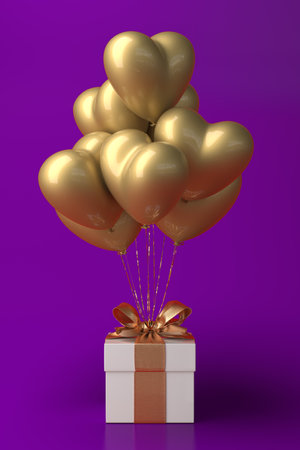 Bunch of heart shaped foil balloons and gift on pink background.の写真素材