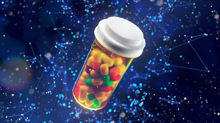 Medicine pills in orange glass pill bottle on a blue background. 3D Renderの写真素材
