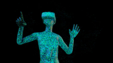 Metaverse concept. Woman with VR virtual reality goggles is working. 3D render.の写真素材