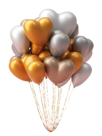 Bunch of heart shaped foil balloons on white background.の写真素材