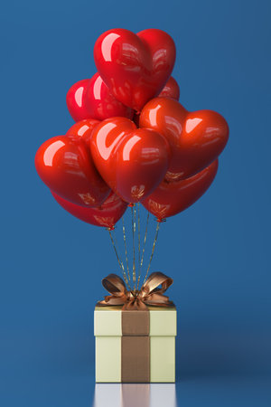 Bunch of heart shaped foil balloons and gift on pink background.の写真素材