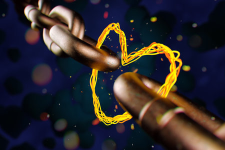Abstract wiring of a hot coil in the form of a metal chain connected by a heart.の写真素材