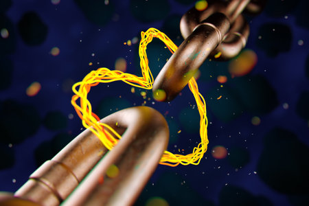 Abstract wiring of a hot coil in the form of a metal chain connected by a heart.の写真素材