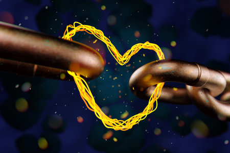 Abstract wiring of a hot coil in the form of a metal chain connected by a heart.の写真素材