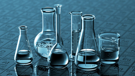 Glass chemistry lab equipment on blue background. Chemistry Lab concept. 3dの写真素材