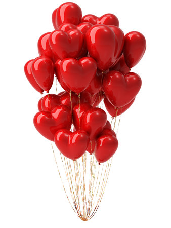 Bunch of heart shaped foil balloons on white background.の写真素材