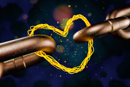 Abstract wiring of a hot coil in the form of a metal chain connected by a heart.の写真素材