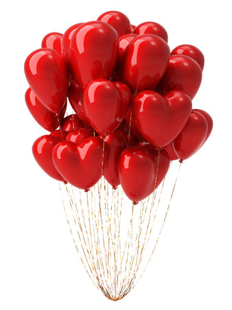 Bunch of heart shaped foil balloons on white background.の写真素材