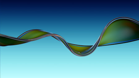 Transparent glossy glass ribbon. Curved wave in motion.の写真素材