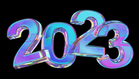 Happy New Year- glass numbers 2023 on a white background.