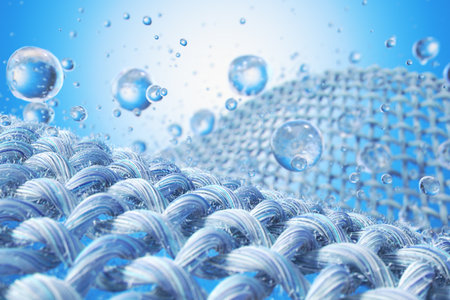 Close-up of fabric interlaced fiber with water drop.の写真素材