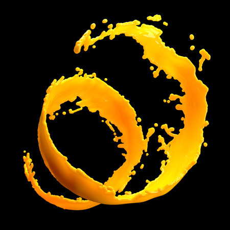 orange juice splash isolated on black backgroundの写真素材