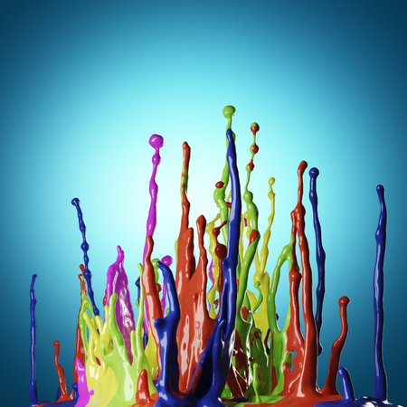 Colored paint splashes on blue backgroundの写真素材