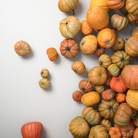 Autumn composition of orange pumpkins on white table background.の写真素材