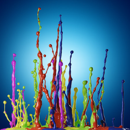 Colored paint splashes on blue backgroundの写真素材
