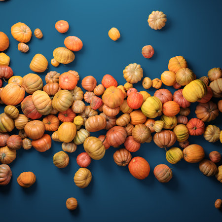 Autumn composition of orange pumpkins on blue table background.の写真素材