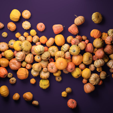 Autumn composition of orange pumpkins on violet table background.の写真素材