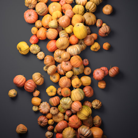 Autumn composition of orange pumpkins on gray table background.の写真素材