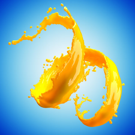 orange juice splash isolated on blue backgroundの写真素材