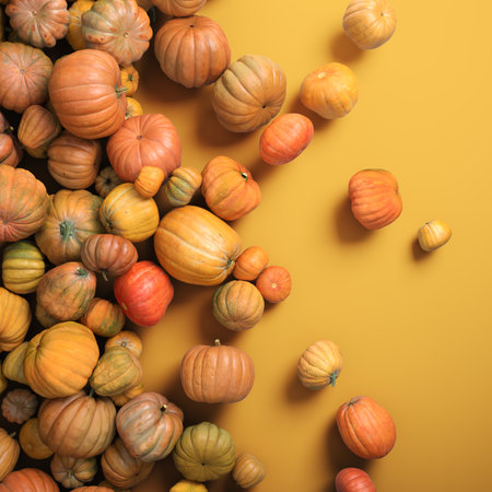 Autumn composition of orange pumpkins on white table background.の写真素材