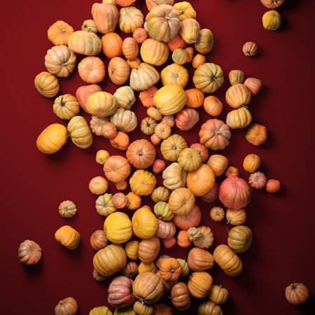 Autumn composition of orange pumpkins on violet table background.の写真素材