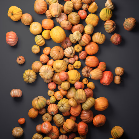 Autumn composition of orange pumpkins on gray table background.の写真素材