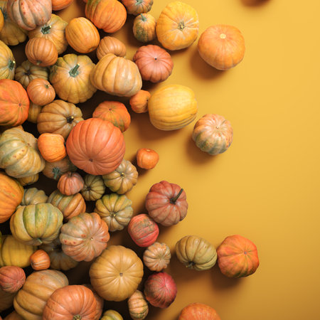 Autumn composition of orange pumpkins on white table background.の写真素材