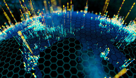 Blue vivid image of Globe Hologram Blue Backgroundの写真素材