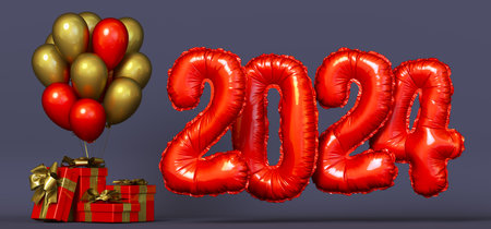 Colored gift box with ribbon and balloon on background.の写真素材