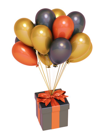 Colored gift box with ribbon and balloon on background.の写真素材