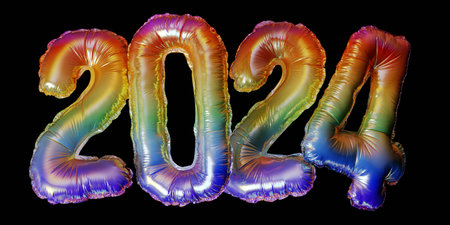 Gold foil numbers 2024 concept new year with balloons on black backgroundの写真素材