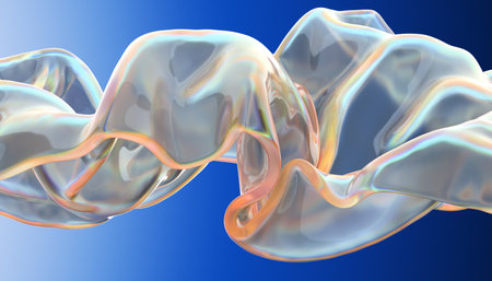 Transparent glossy glass ribbon. Curved wave in motion.の写真素材