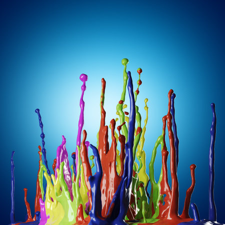 Colored paint splashes on blue background. High quality 3D Renderの写真素材