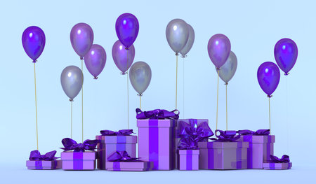 Colored gift box with ribbon and balloon on background.の写真素材